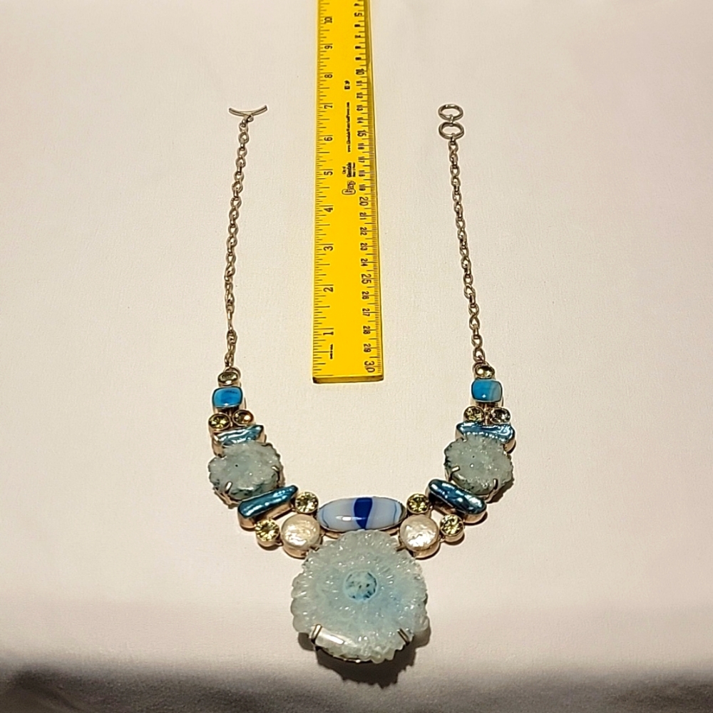 Vintage Sterling Silver Light Blue Solar Quartz Multi Gemstone Necklace View 4